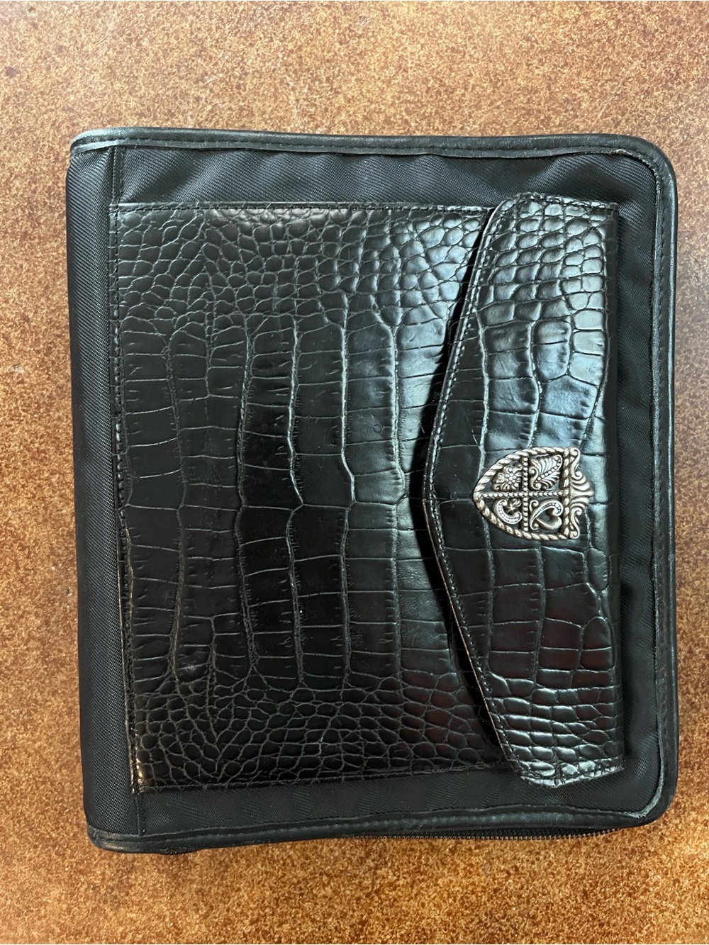 Brighton Black Nylon Notebook withCroc-Texture Leather Front Pocket